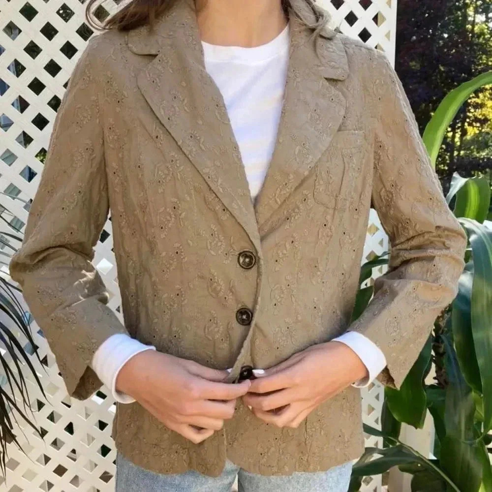 Calvin Klein Khaki 100% Cotton Eyelet Blazer Sz Large